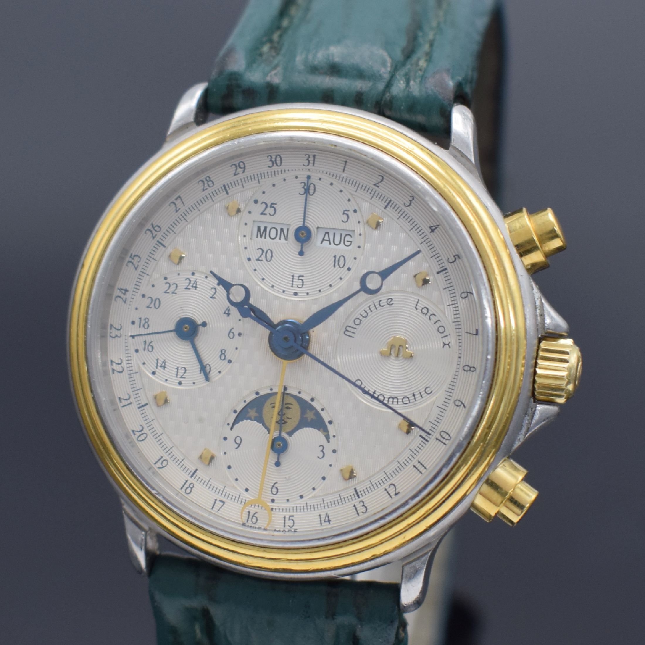 Detail a: MAURICE LACROIX Herrenarmbanduhr mit Chronograph & Mondphase, Schweiz um 1990, Automatik, Edelstahl/Gold komb. inkl. orig. Lederband m. orig. ...