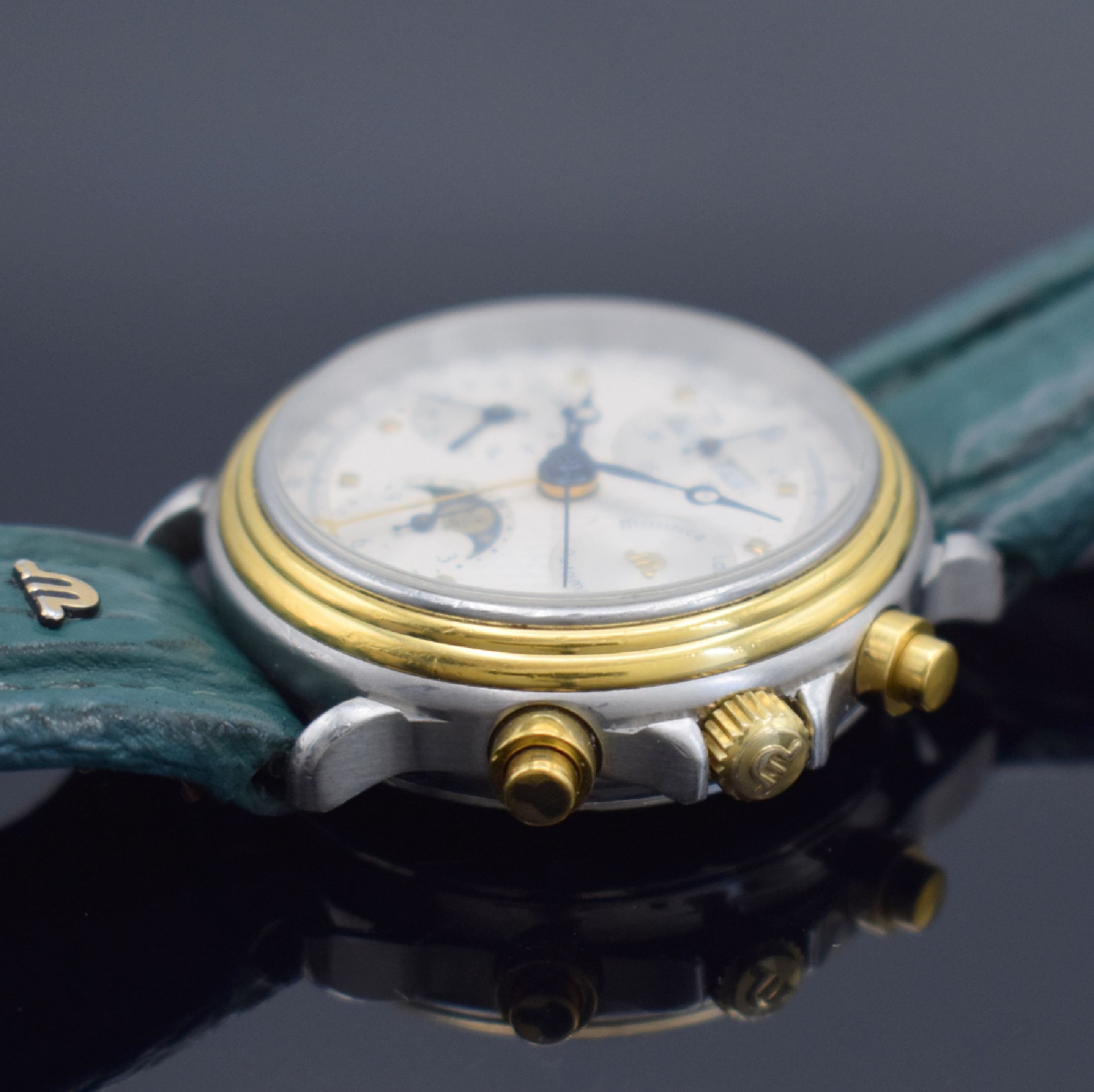 Detail b: MAURICE LACROIX Herrenarmbanduhr mit Chronograph & Mondphase, Schweiz um 1990, Automatik, Edelstahl/Gold komb. inkl. orig. Lederband m. orig. ...