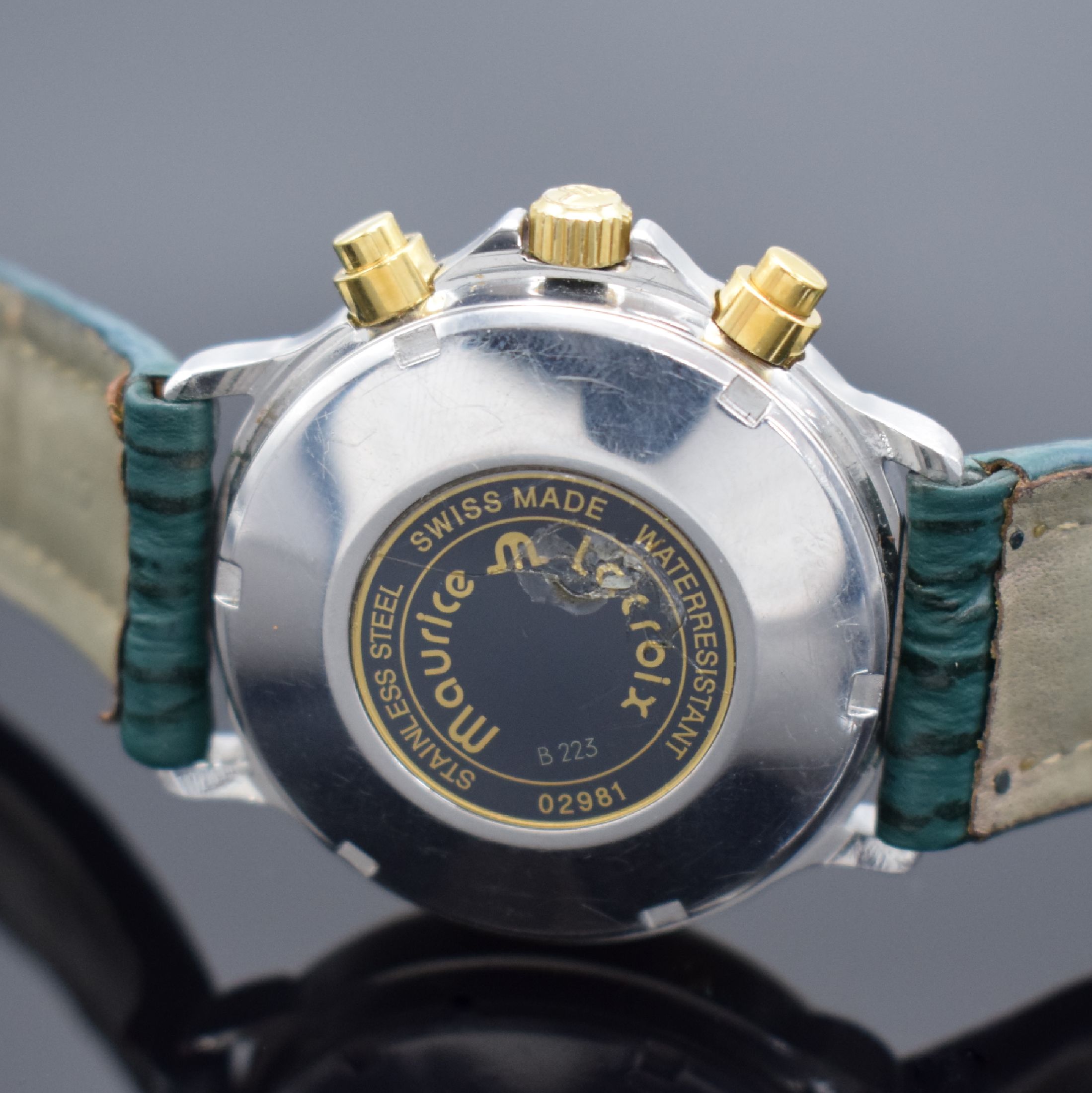 Detail c: MAURICE LACROIX Herrenarmbanduhr mit Chronograph & Mondphase, Schweiz um 1990, Automatik, Edelstahl/Gold komb. inkl. orig. Lederband m. orig. ...