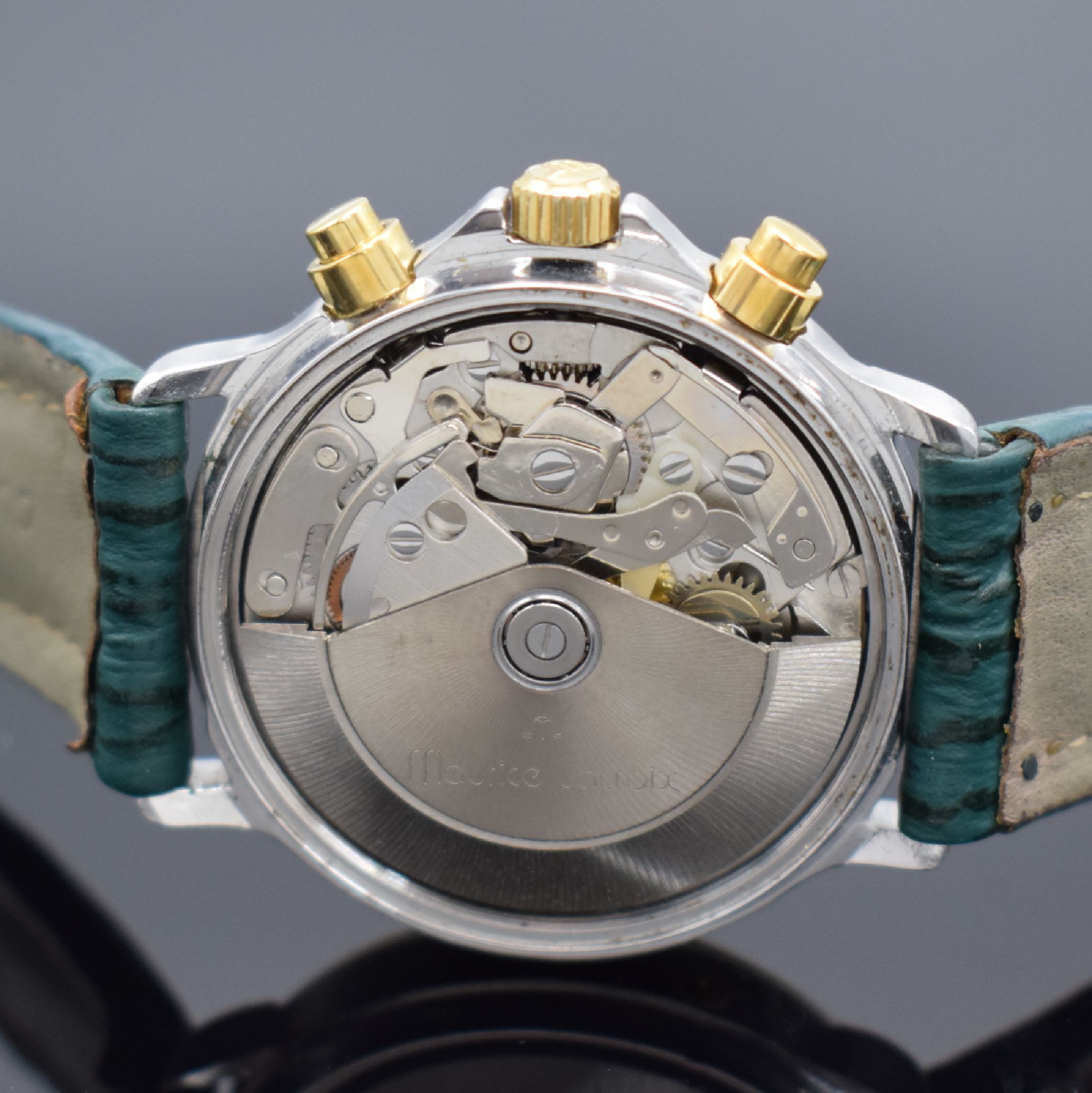 Detail d: MAURICE LACROIX Herrenarmbanduhr mit Chronograph & Mondphase, Schweiz um 1990, Automatik, Edelstahl/Gold komb. inkl. orig. Lederband m. orig. ...