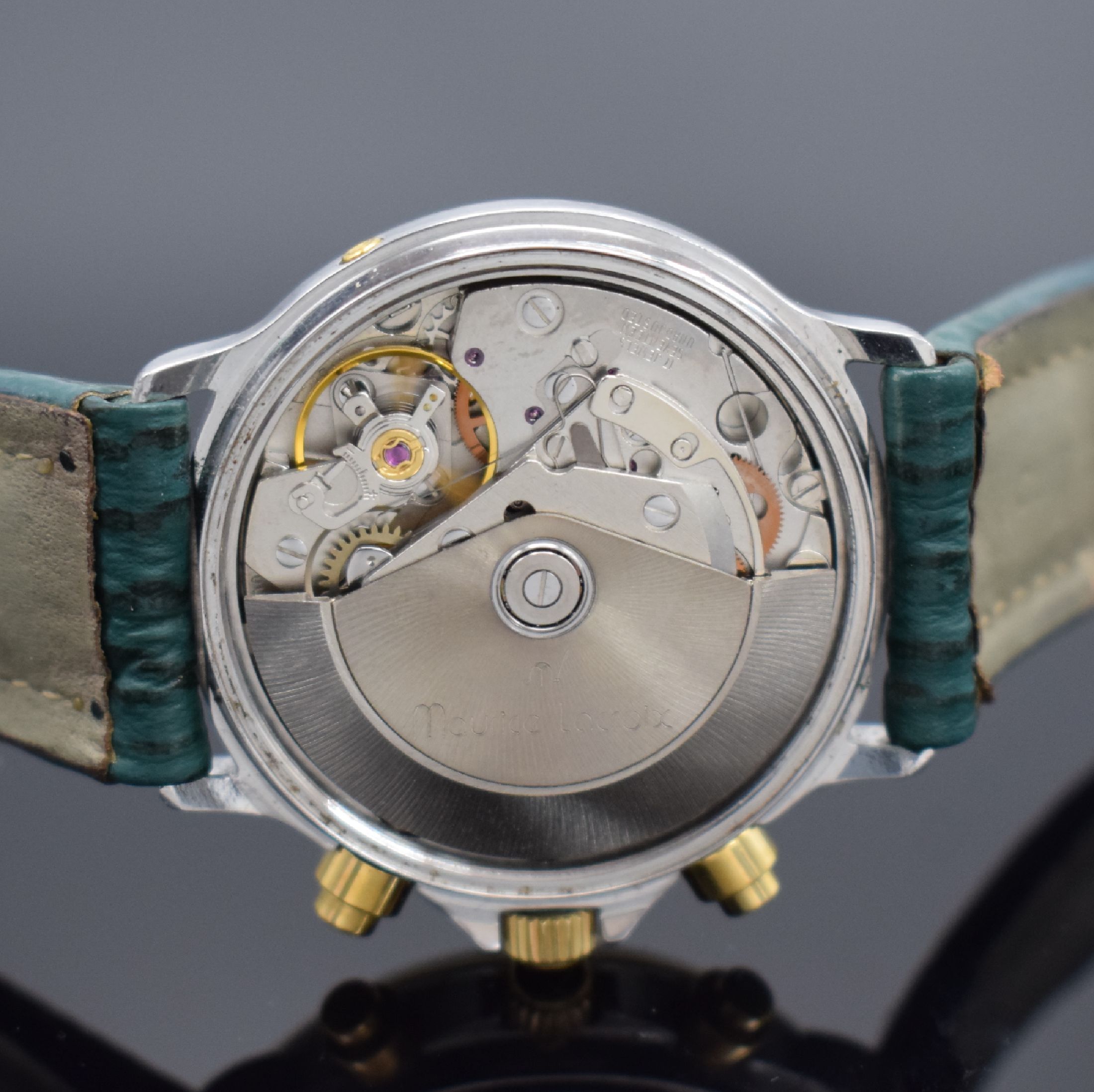 Detail e: MAURICE LACROIX Herrenarmbanduhr mit Chronograph & Mondphase, Schweiz um 1990, Automatik, Edelstahl/Gold komb. inkl. orig. Lederband m. orig. ...