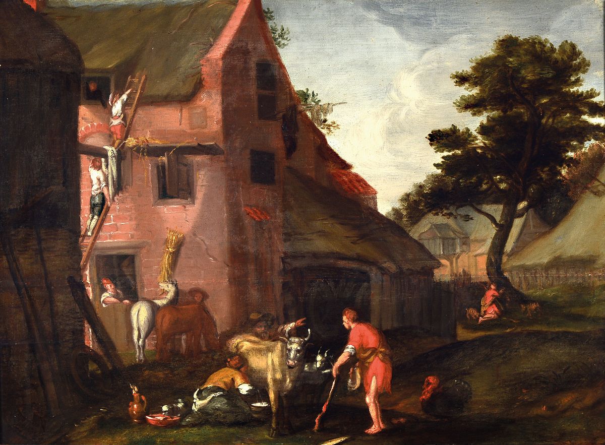 Unbekannter Künstler, Niederlande, um 1760-1780, Treiben vor dem Stall, Frau beim Melken, Bauer weist einen Bettler ab, zwei junge Männer klettern ...