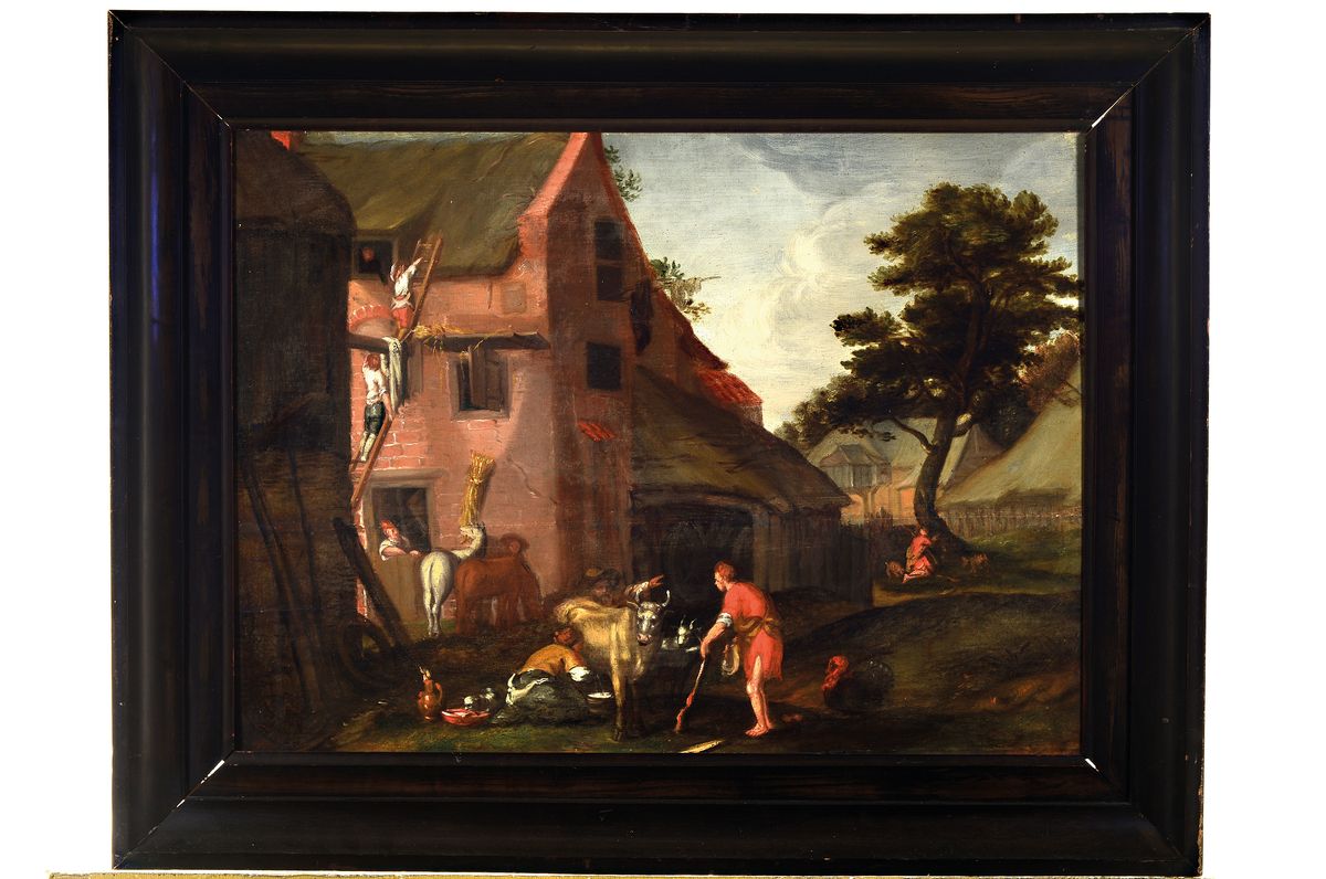Detail k: Unbekannter Künstler, Niederlande, um 1760-1780, Treiben vor dem Stall, Frau beim Melken, Bauer weist einen Bettler ab, zwei junge Männer klettern ...