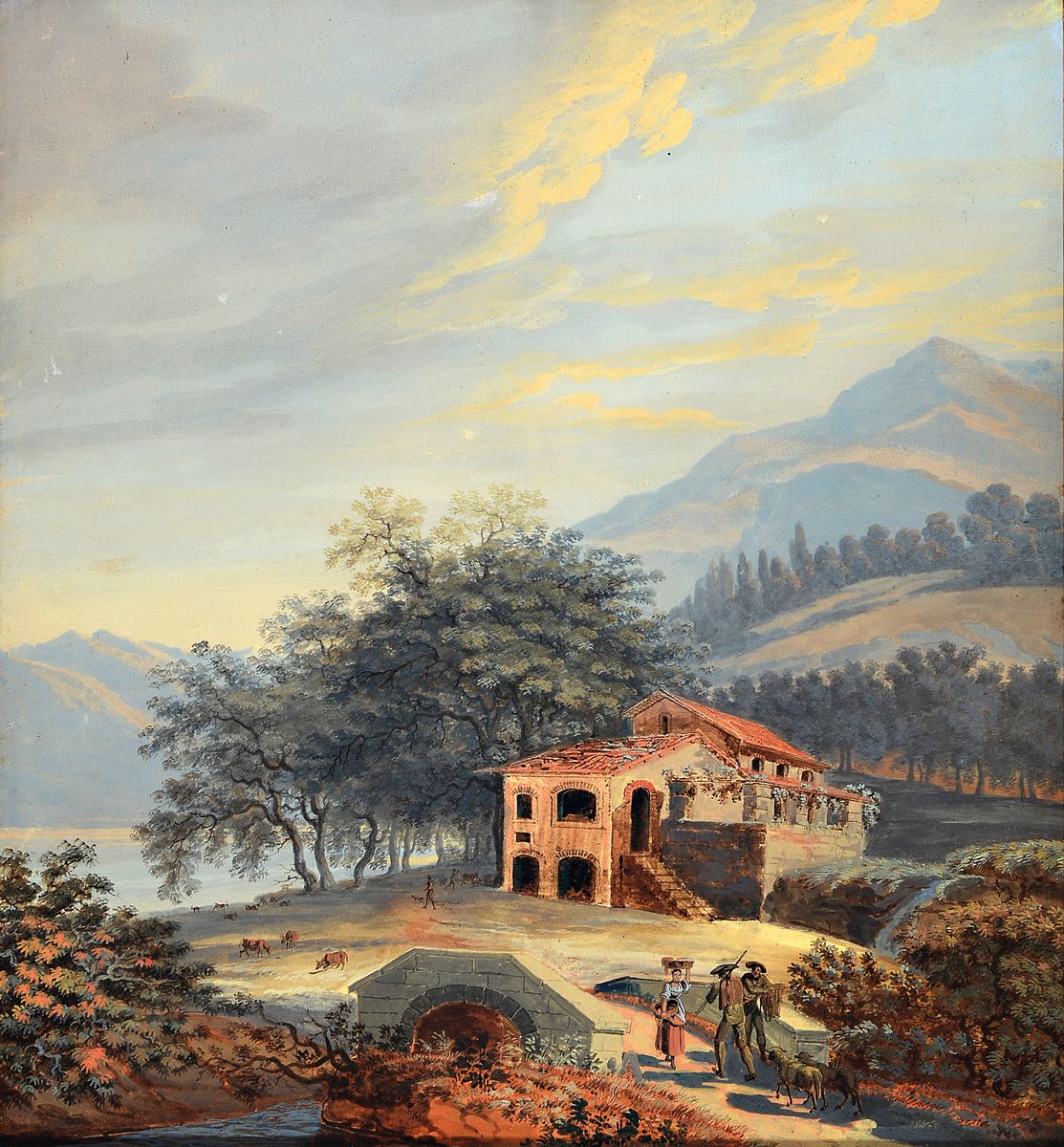 Zuschreibung: Pierre Louis de la Rive, 1753 Genf-1817, Schweizer Landschaft mit Bauernhaus und Personen, Aquarell und Gouache auf Papier, unsigniert, ...