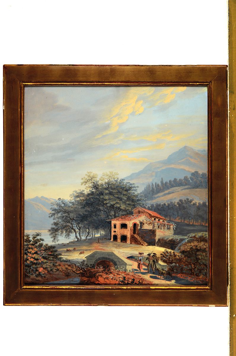 Detail k: Zuschreibung: Pierre Louis de la Rive, 1753 Genf-1817, Schweizer Landschaft mit Bauernhaus und Personen, Aquarell und Gouache auf Papier, unsigniert, ...