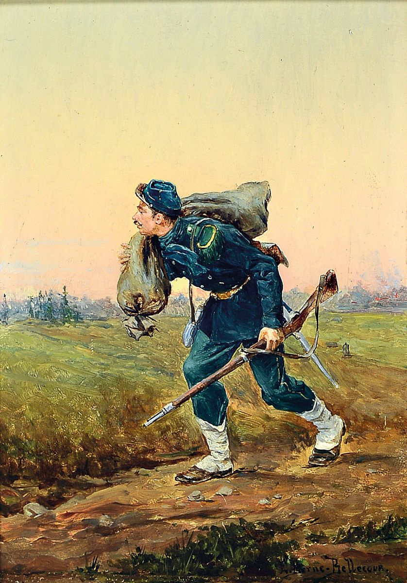 Etienne Prosper Berne-Bellecour, 1838 Boulogne-1910 Paris, Soldat mit "Beutesack", unten signiert, ca.18x13cm, R. ca. 33x28cm
