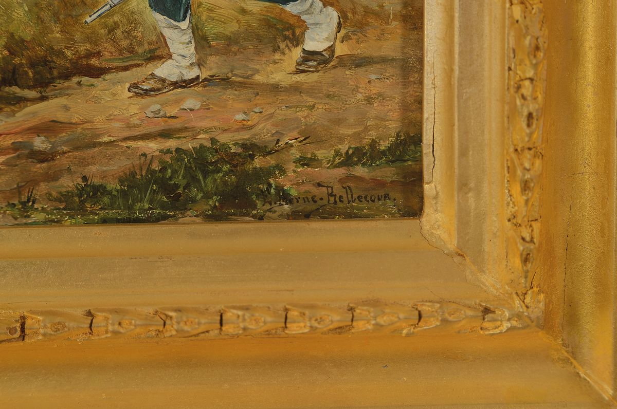 Detail a: Etienne Prosper Berne-Bellecour, 1838 Boulogne-1910 Paris, Soldat mit "Beutesack", unten signiert, ca.18x13cm, R. ca. 33x28cm