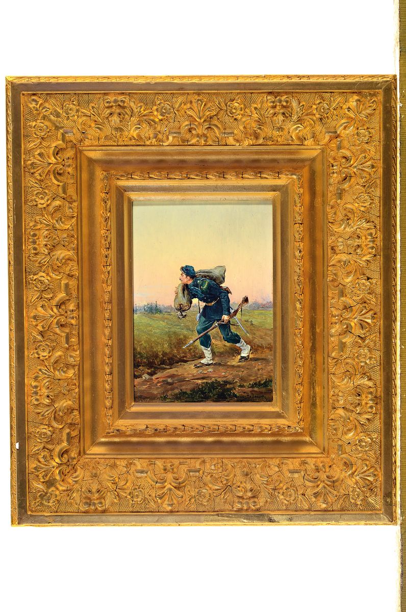 Detail k: Etienne Prosper Berne-Bellecour, 1838 Boulogne-1910 Paris, Soldat mit "Beutesack", unten signiert, ca.18x13cm, R. ca. 33x28cm