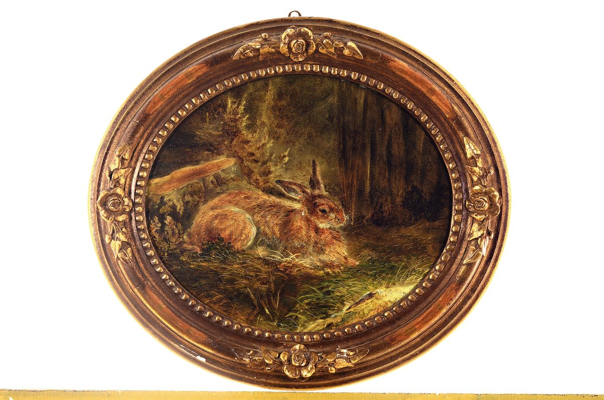 Detail k: Zuschreibung: August Schleich, 1814-1865 München, Hase in Waldinterieur, Öl/Metall, unsigniert, im Oval ca. 26x31cm, R. ca. 35x40cm