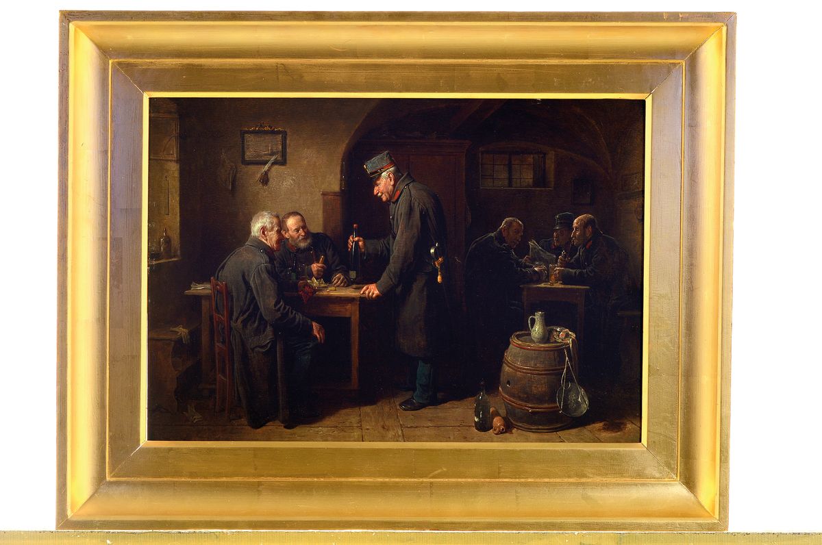 Detail k: Friedrich Friedländer Ritter von Malheim 1825-1901 Wien, Männer in der Gaststube, Öl/Holz, feine lasierende Malerei, detailreiche Erzählung, ...