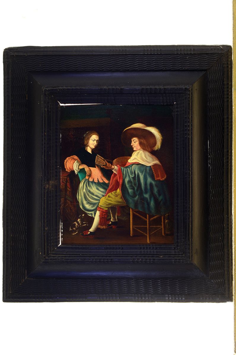 Detail k: Monogrammist JM, Niederlande, 18. Jh., Frau spielt Laute für eine Frau, Öl/Holz, rest., neu gefirnist, ca. 32x25cm, R. ca. 56x50cm