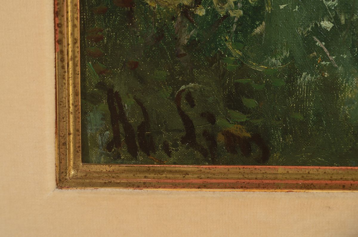 Detail a: Adolf Lins, 1856 Kassel-1927 Düsseldorf, Studium an der Kunstschule Kassel, ab 1874 in der Künstlerkolonie Willingshausen tätig, hier: Hügelige ...