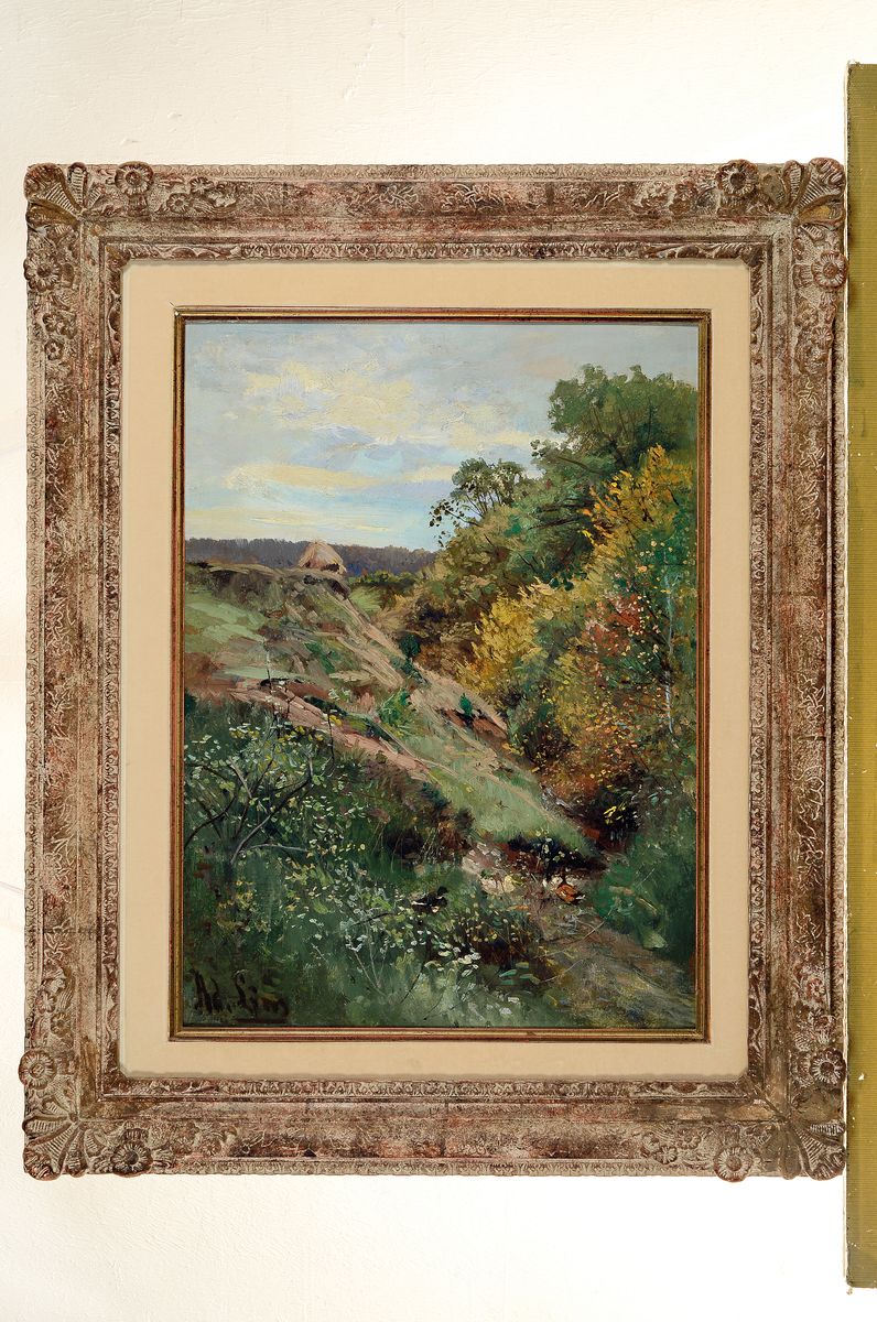 Detail k: Adolf Lins, 1856 Kassel-1927 Düsseldorf, Studium an der Kunstschule Kassel, ab 1874 in der Künstlerkolonie Willingshausen tätig, hier: Hügelige ...