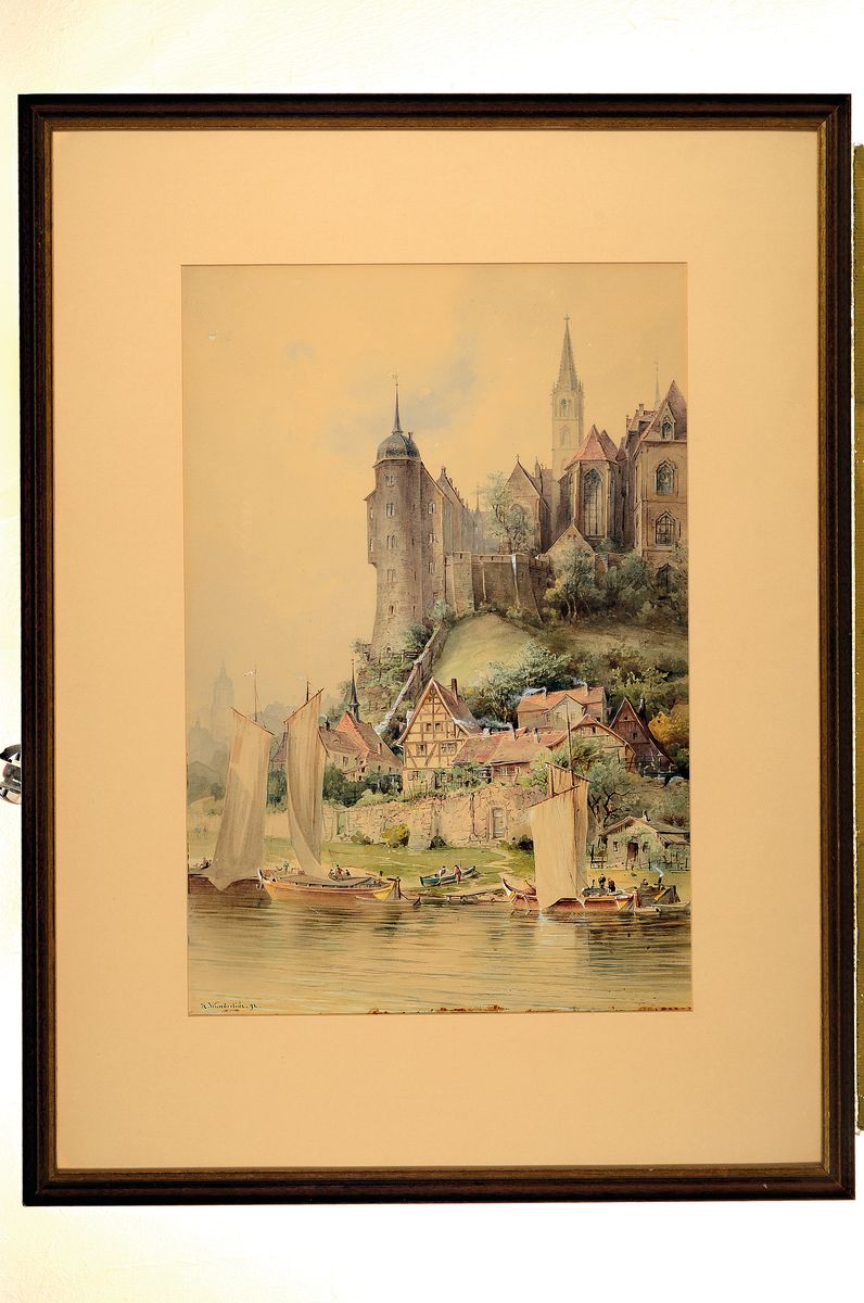 Detail k: Hermann Moritz Wunderlich, 1839-1915 Dresden, Stadt am Fluß, darüber Burg und Kirche, Aquarell auf Papier, links unten signiert und dat. 92, ca. ...