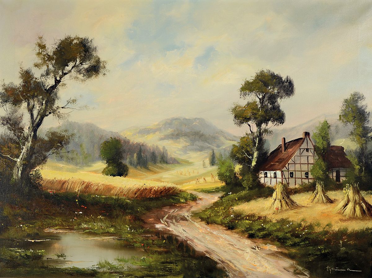 Baumann, Maler der Mitte des 20. Jh., Sommerliche Landschaft mit Fachwerkhaus, rückseitig betitelt: In der Ernte-Zeit, Öl/Lwd, rechts unten ...