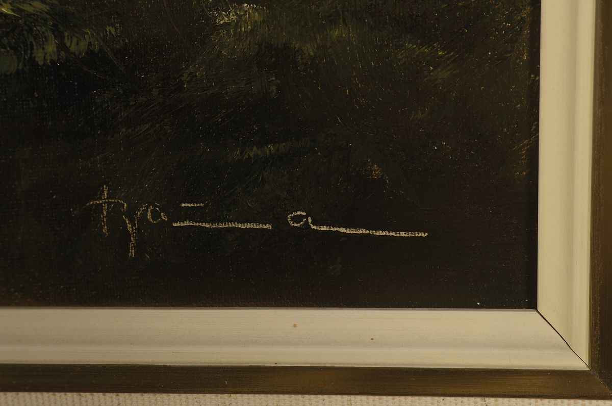 Detail a: Baumann, Maler der Mitte des 20. Jh., Sommerliche Landschaft mit Fachwerkhaus, rückseitig betitelt: In der Ernte-Zeit, Öl/Lwd, rechts unten ...