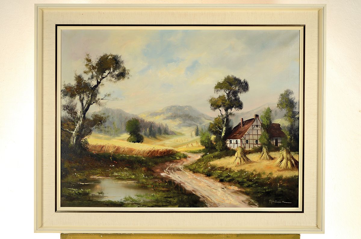 Detail k: Baumann, Maler der Mitte des 20. Jh., Sommerliche Landschaft mit Fachwerkhaus, rückseitig betitelt: In der Ernte-Zeit, Öl/Lwd, rechts unten ...