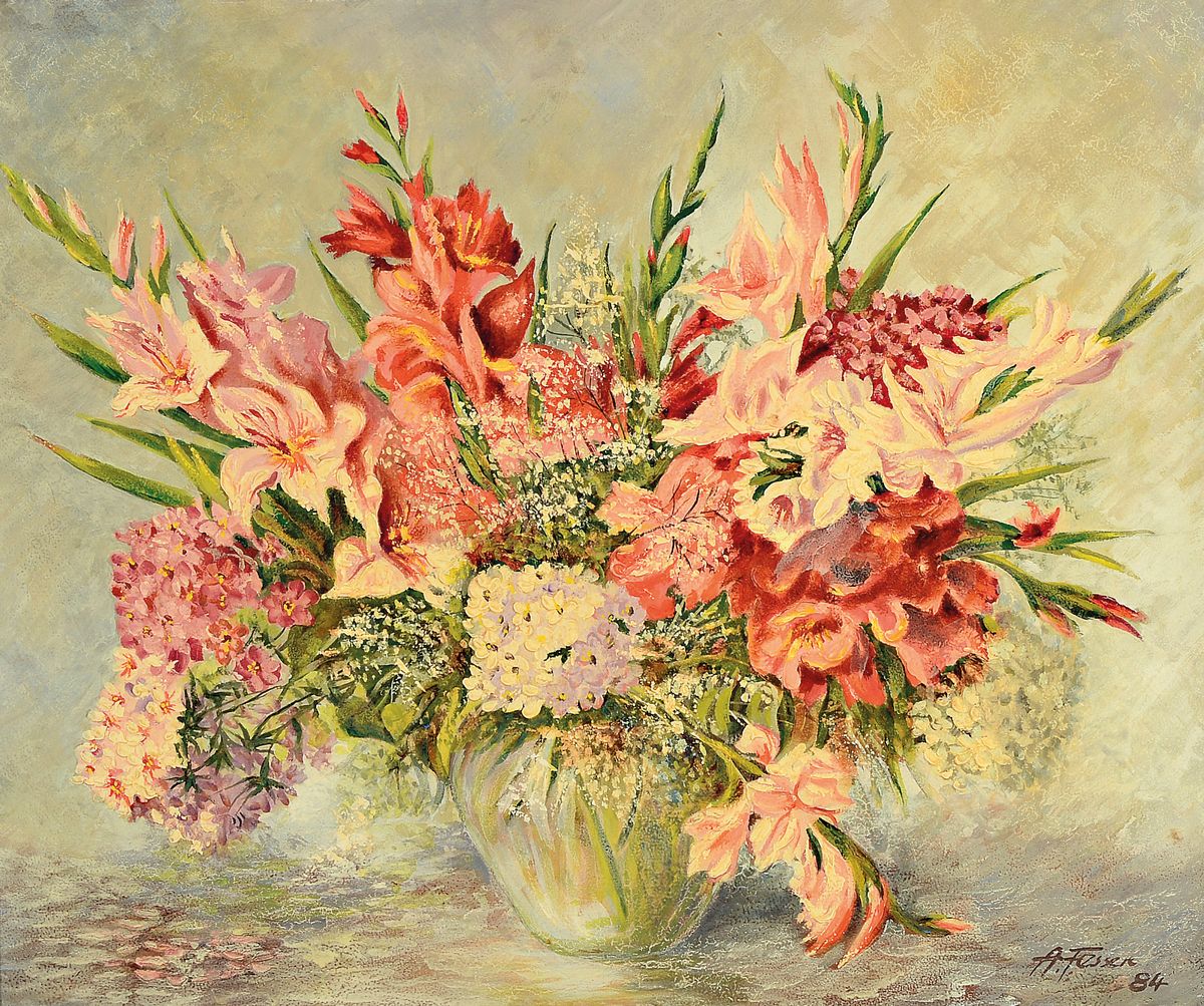 Adolf Fesser, Ludwigshafener Maler des 20.Jh. , Blumenstillleben mit Phlox, rechts unten signiert u. datiert 84, Rahmen, 70x78cm