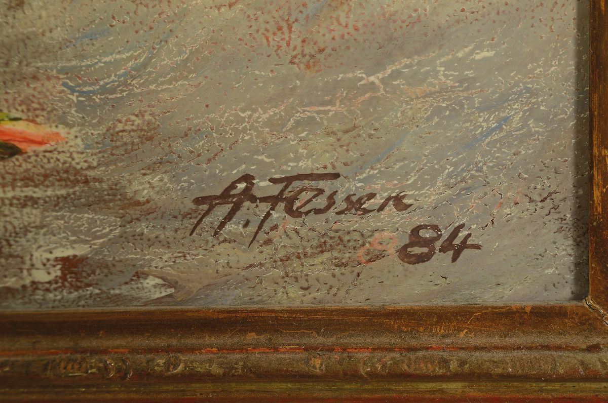 Detail a: Adolf Fesser, Ludwigshafener Maler des 20.Jh. , Blumenstillleben mit Phlox, rechts unten signiert u. datiert 84, Rahmen, 70x78cm