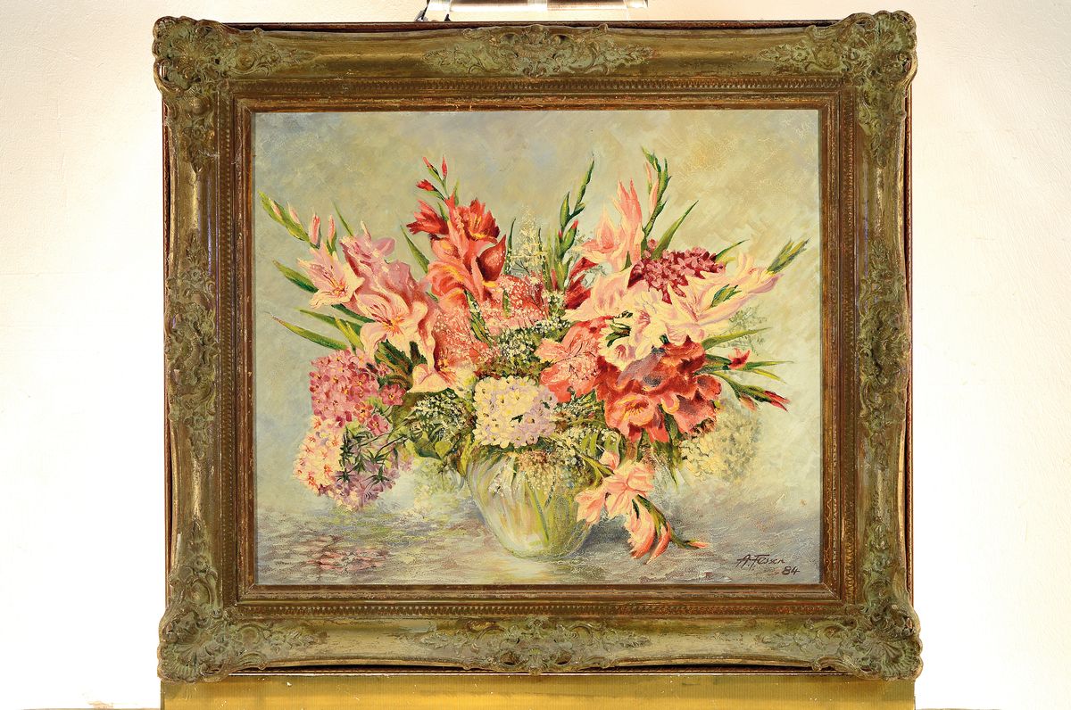 Detail k: Adolf Fesser, Ludwigshafener Maler des 20.Jh. , Blumenstillleben mit Phlox, rechts unten signiert u. datiert 84, Rahmen, 70x78cm