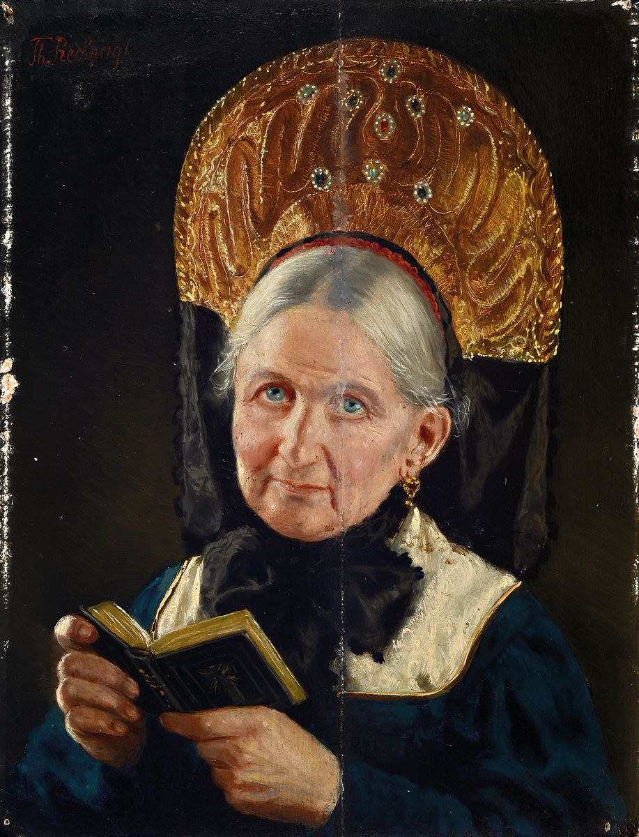 Theodor Recknagl, 1865-1945 München, Porträt einer alten Frau mit Trachtenhaube und Gebetbuch, Öl/Holz, qualitätvolle Kerzenscheinmalerei, ...