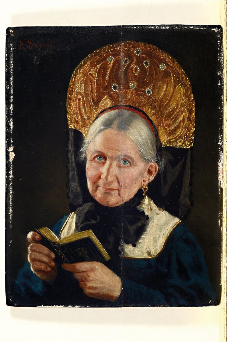 Detail k: Theodor Recknagl, 1865-1945 München, Porträt einer alten Frau mit Trachtenhaube und Gebetbuch, Öl/Holz, qualitätvolle Kerzenscheinmalerei, ...