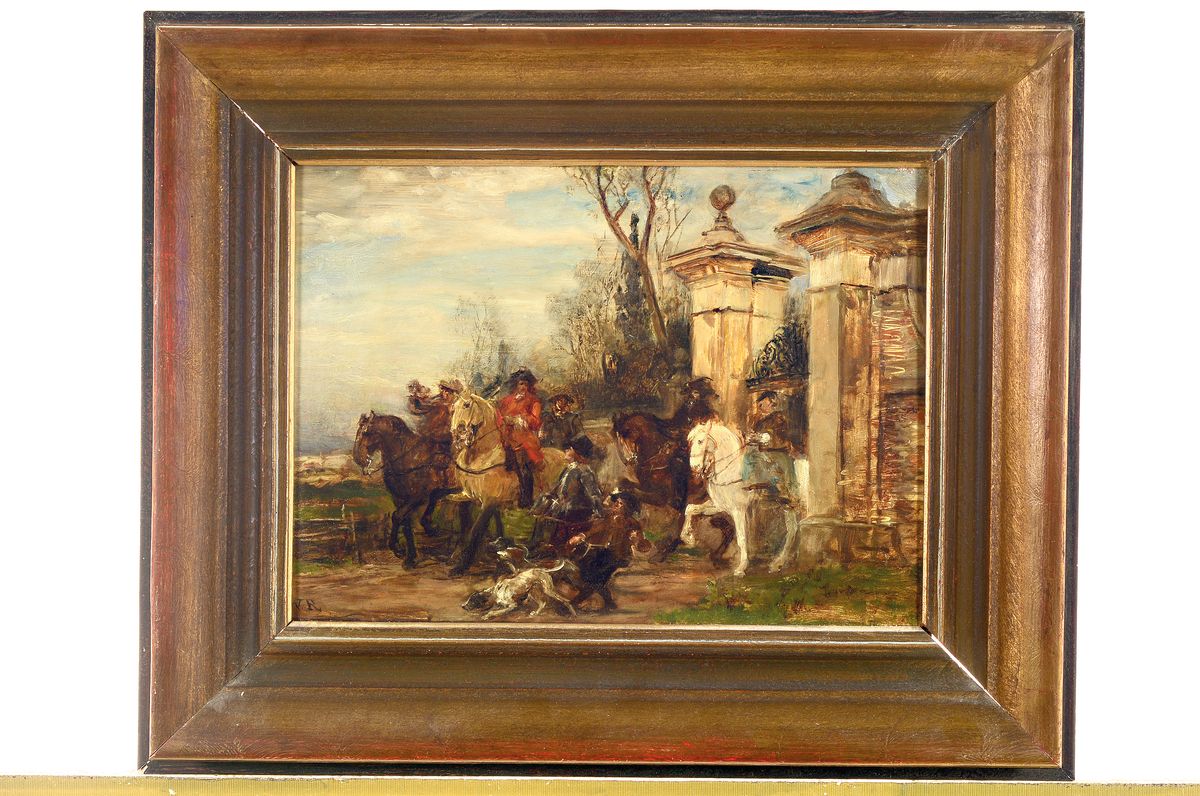Detail k: Prof. Wilhelm Carl Räuber, 1849 Marienwerder - 1926 München, Studium an den Akademien Königsberg und München, hier: Reitergruppe im Aufbruch zur ...