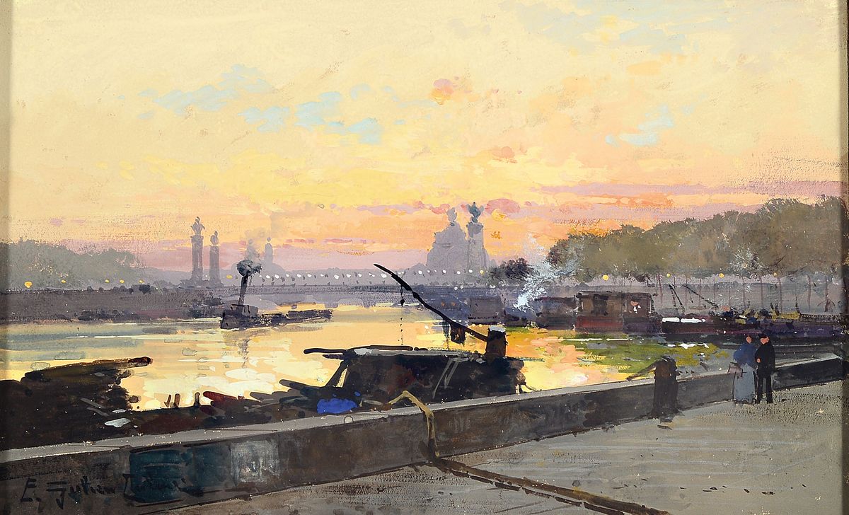 Ungedeuteter Künstler um 1900, atmosphärische Ansicht von Paris, Blick auf die Silhouette der Pont Alexandre III bei Sonnenuntergang, ...