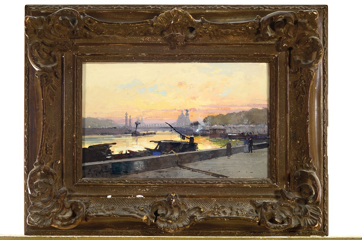 Detail k: Ungedeuteter Künstler um 1900, atmosphärische Ansicht von Paris, Blick auf die Silhouette der Pont Alexandre III bei Sonnenuntergang, ...