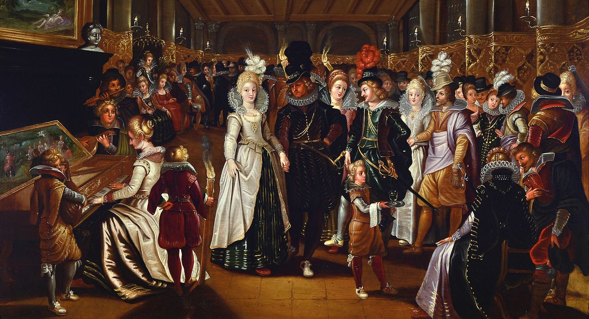 Unbekannter Künstler, Niederlande, um 1830, vielfigurige höfische Gesellschaft bei einem Klavierkonzert, Öl auf zweiteiliger Holzplatte, feine ...