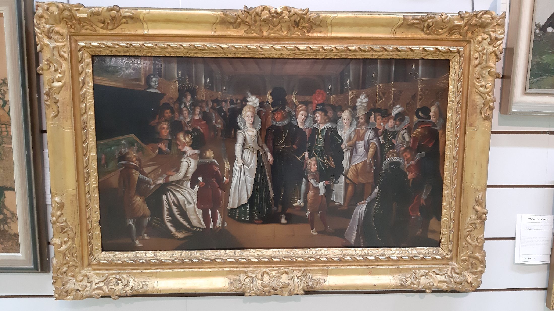 Detail c: Unbekannter Künstler, Niederlande, um 1830, vielfigurige höfische Gesellschaft bei einem Klavierkonzert, Öl auf zweiteiliger Holzplatte, feine ...