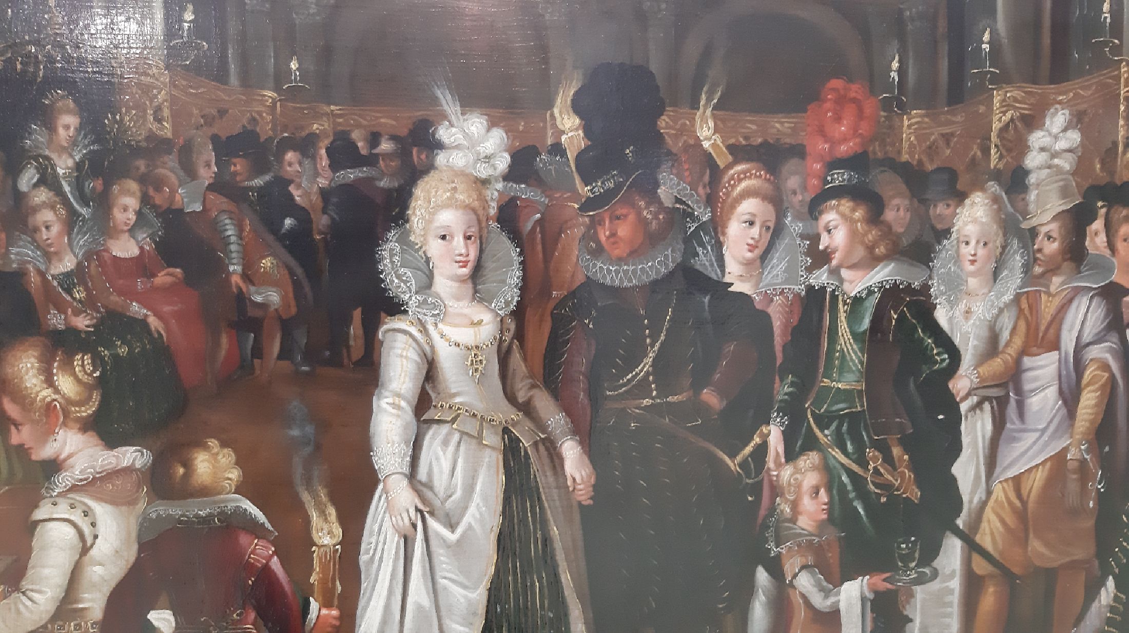 Detail d: Unbekannter Künstler, Niederlande, um 1830, vielfigurige höfische Gesellschaft bei einem Klavierkonzert, Öl auf zweiteiliger Holzplatte, feine ...