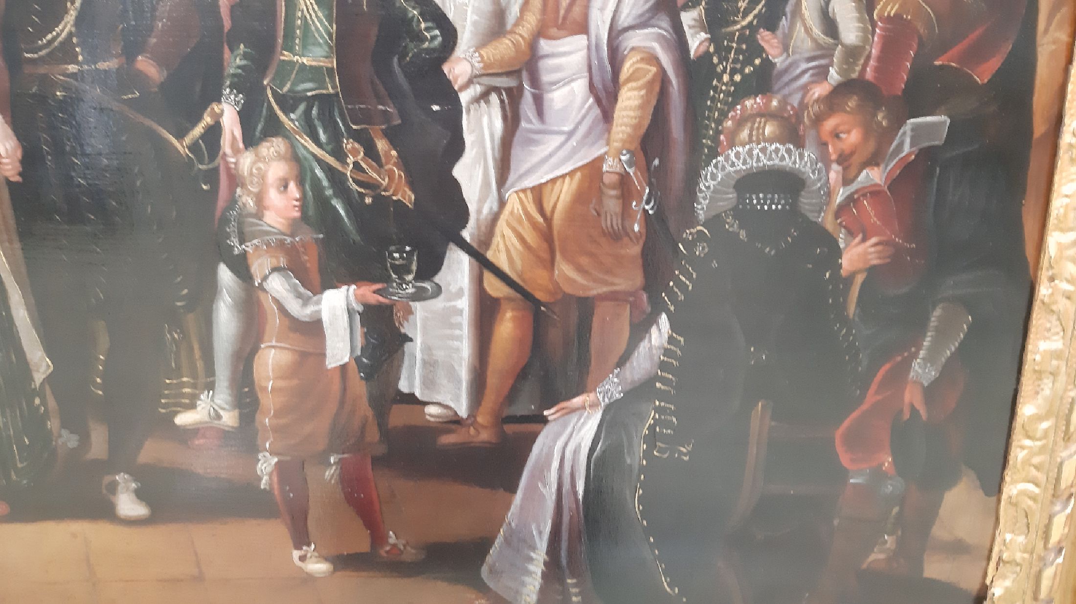 Detail g: Unbekannter Künstler, Niederlande, um 1830, vielfigurige höfische Gesellschaft bei einem Klavierkonzert, Öl auf zweiteiliger Holzplatte, feine ...