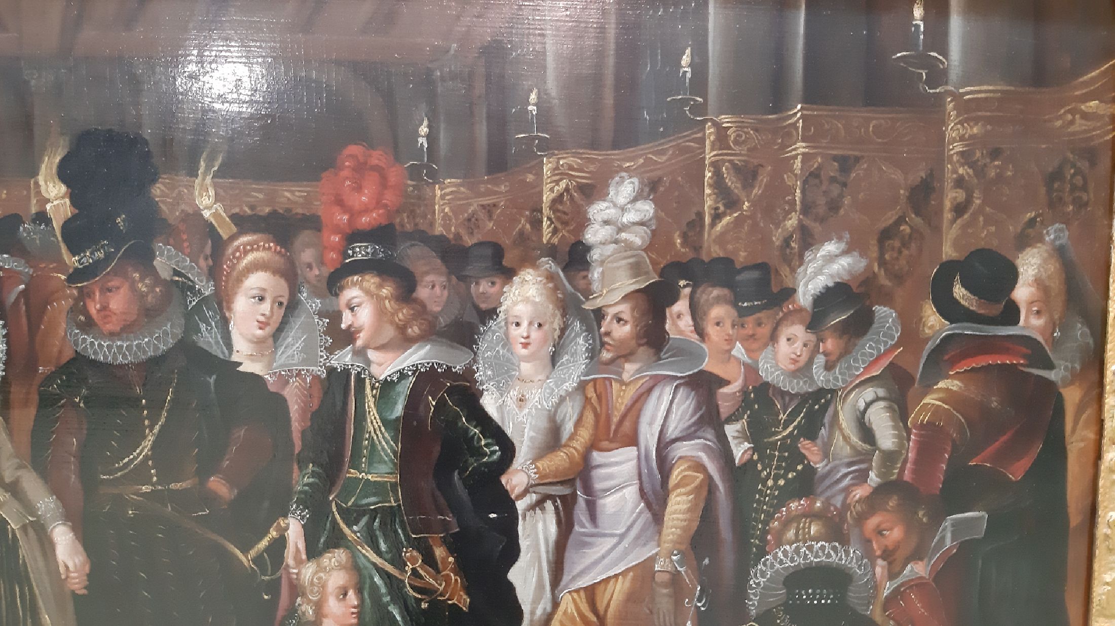 Detail h: Unbekannter Künstler, Niederlande, um 1830, vielfigurige höfische Gesellschaft bei einem Klavierkonzert, Öl auf zweiteiliger Holzplatte, feine ...