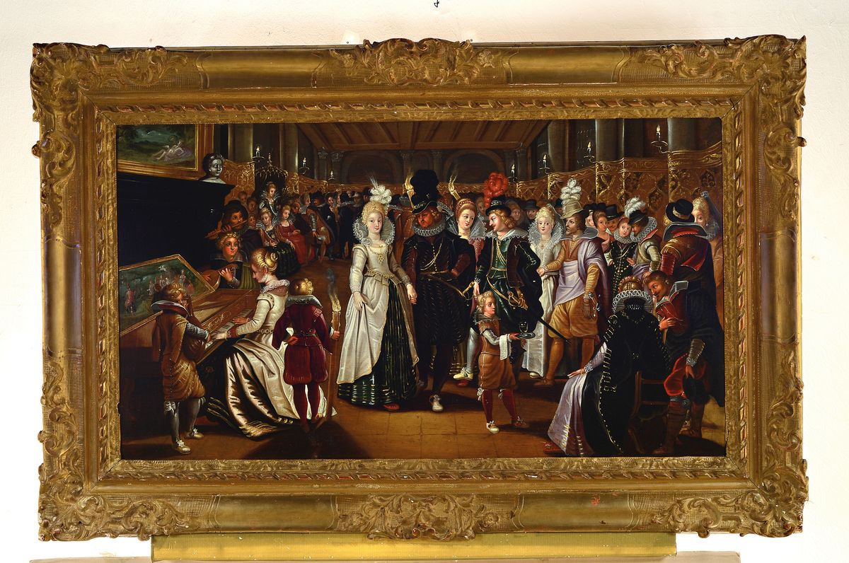 Detail k: Unbekannter Künstler, Niederlande, um 1830, vielfigurige höfische Gesellschaft bei einem Klavierkonzert, Öl auf zweiteiliger Holzplatte, feine ...