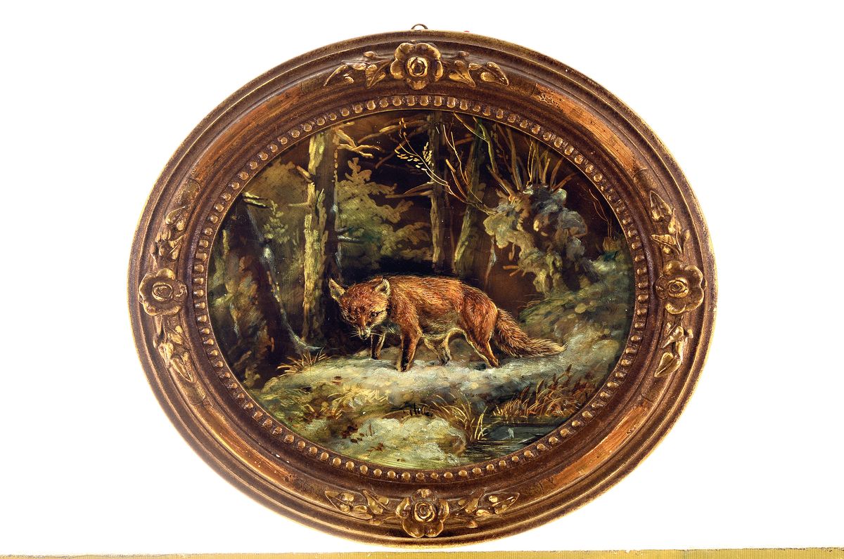 Detail k: Zuschreibung: August Schleich, 1814-1865 München, Schnürender Fuchs im Winterwald, Öl/Metallplatte, unsigniert, im Oval ca. 26x31cm, R. ca. 35x40cm