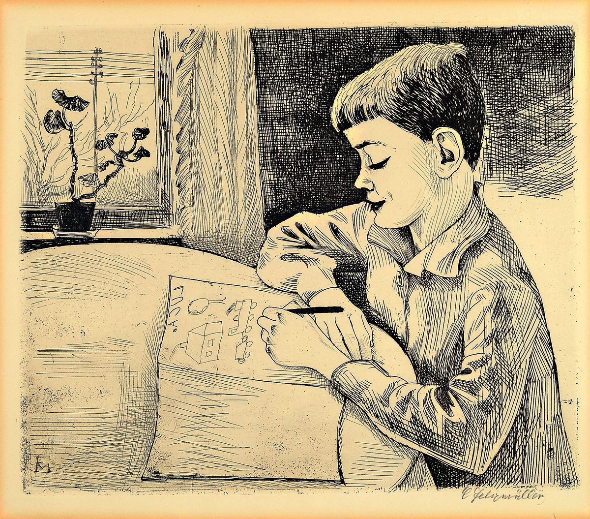 Conrad Felixmüller, 1897-1977, Zeichnender Knabe (Luca zeichnet), Radierung von 1926, in der Platte monogrammiert, rechts unten handsigniert, ca. ...