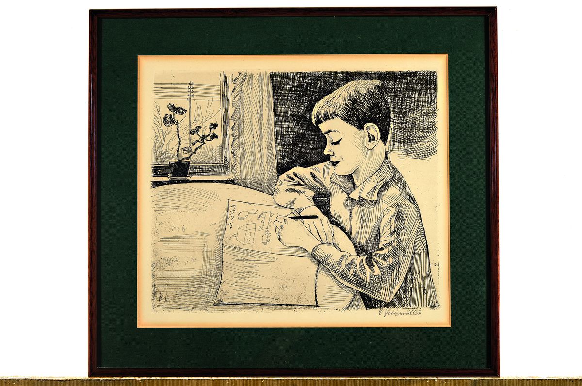 Detail k: Conrad Felixmüller, 1897-1977, Zeichnender Knabe (Luca zeichnet), Radierung von 1926, in der Platte monogrammiert, rechts unten handsigniert, ca. ...