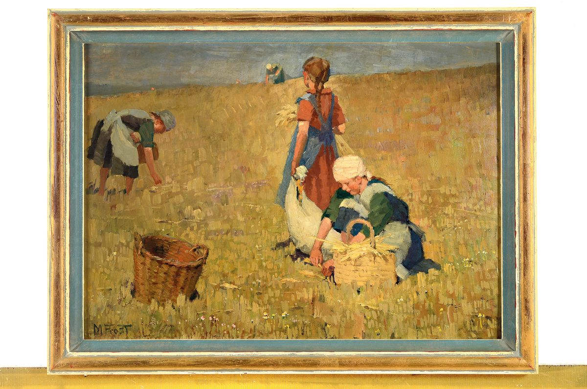 Detail k: Martin Frost, 1875 Breslau-1928 Kampen auf Sylt, Frauen bei der Getreideernte, Öl/ Malkarton, links unten signiert, ca. 37x52cm, R. ca. 45x60cm