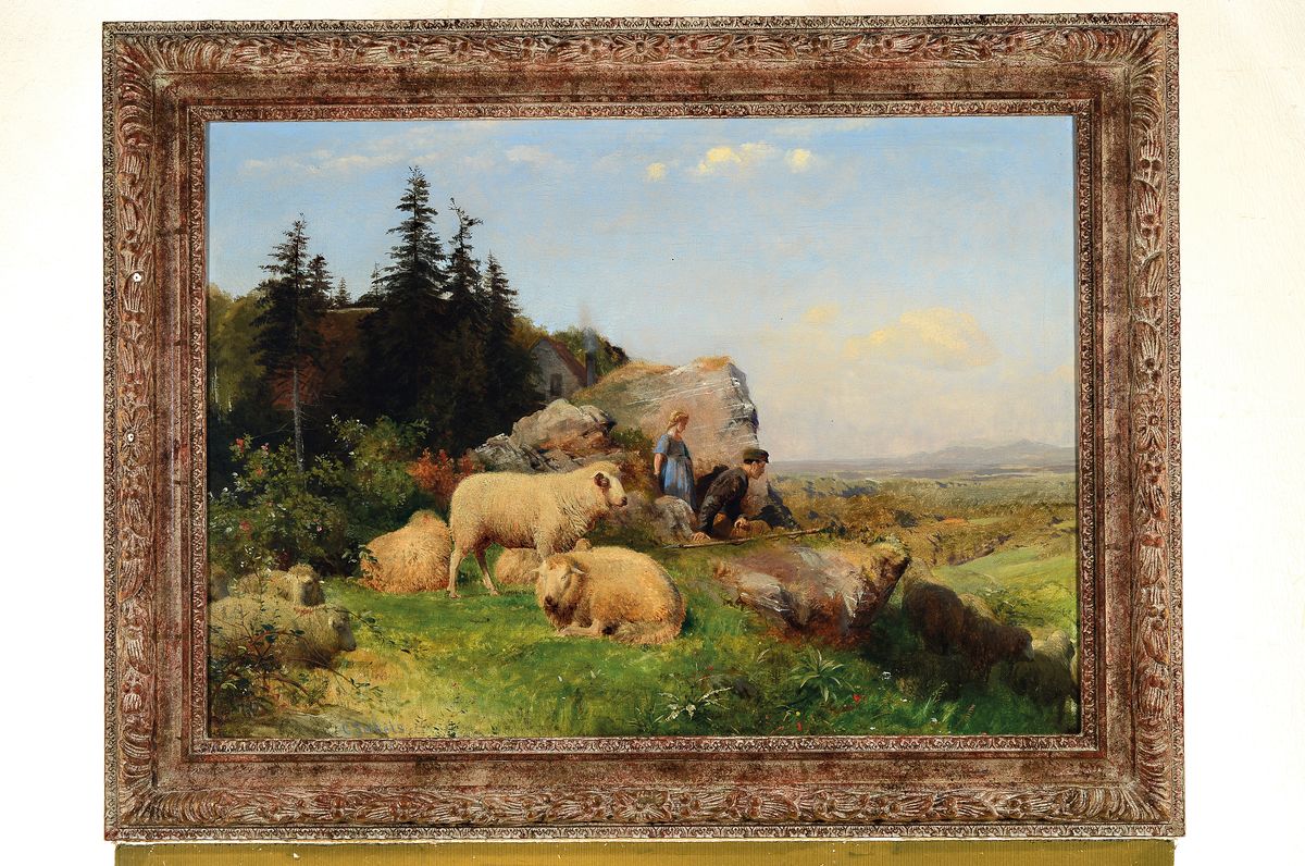 Detail k: Carl Seibels, 1844 Köln-1877 Süditalien, Studium an der Akademie Düsseldorf bei O. Achenbach und an der Schule von Barbizon, Schäferpaar mit ...