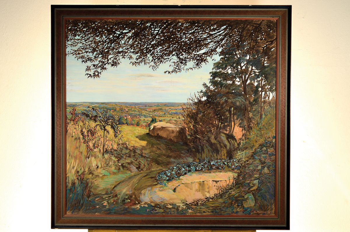 Detail k: Rudolf Müller, 1892 Grenchen - 1972 Bern, Lehmgrube in natürlicher Umgebung, mit weitem Blick auf ein Dorf, Kohle u. Öl auf Malkarton, rechts ...