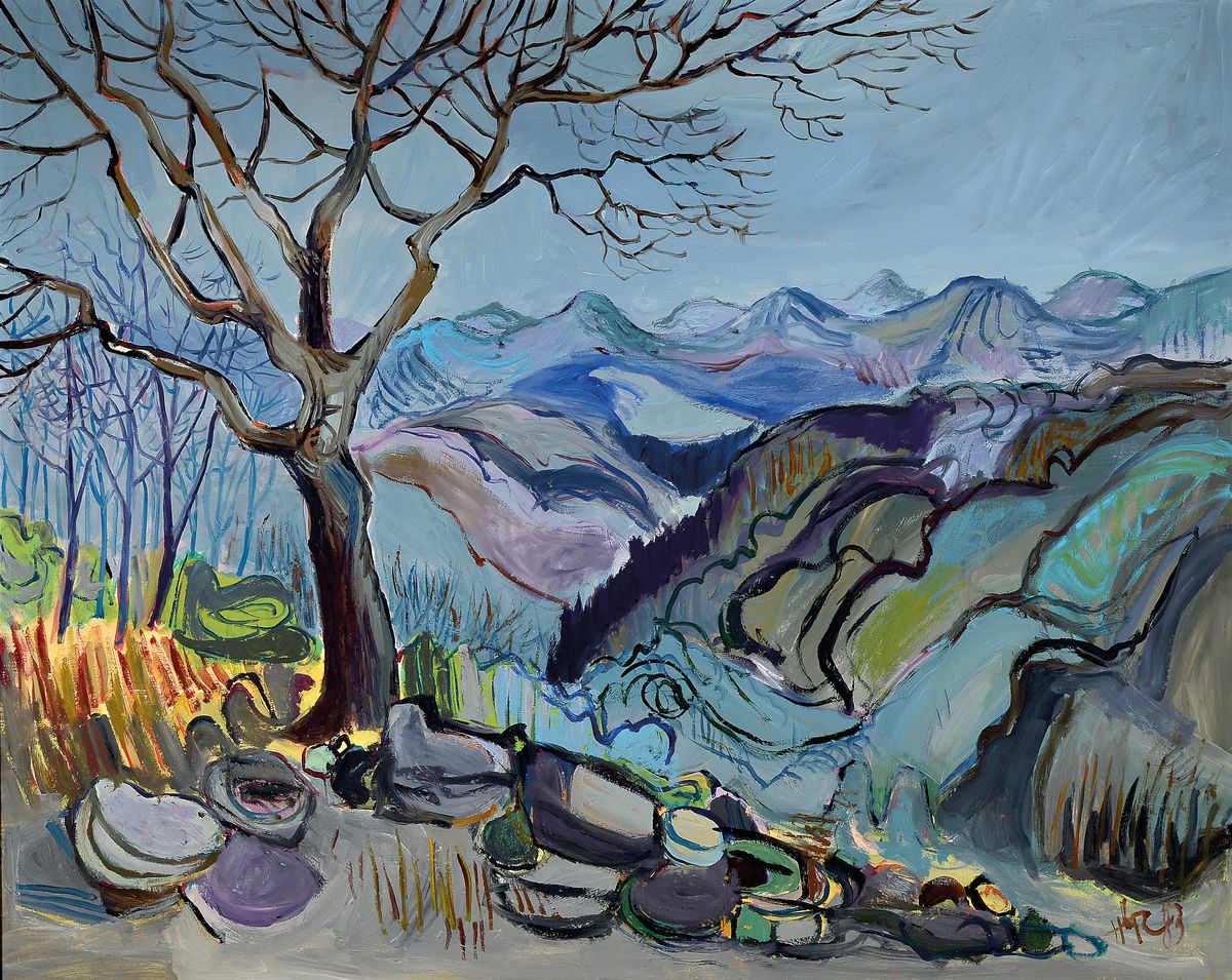 Monogrammist HR, datiert (19)83, knorriger Baum vor hügeliger Landschaft, Öl/Lwd, rechts unten monogr. und dat., ca. 80x100cm, R. ca. 87x107cm