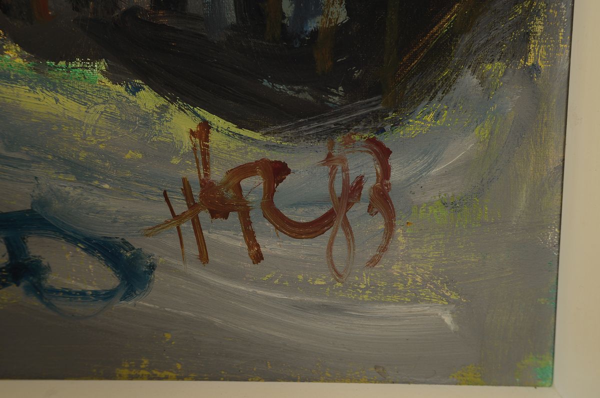 Detail a: Monogrammist HR, datiert (19)83, knorriger Baum vor hügeliger Landschaft, Öl/Lwd, rechts unten monogr. und dat., ca. 80x100cm, R. ca. 87x107cm