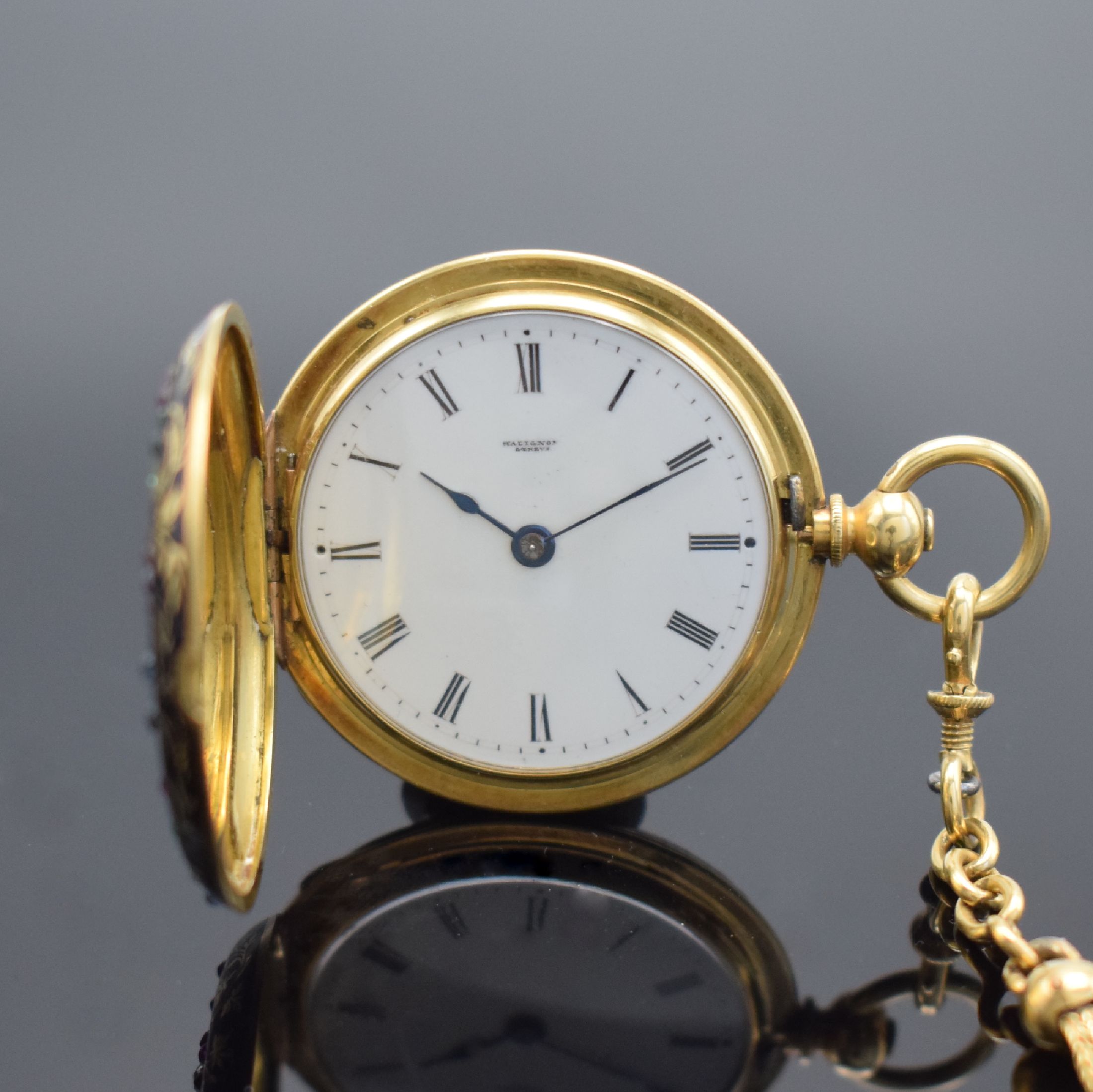 Detail c: MALIGNON A GENEVE No. 2129 feine, emaillierte und mit Edelsteinen besetzte Zylindertaschenuhr an schwerer GG 750/000 Kette, Schweiz um 1850, beide ...