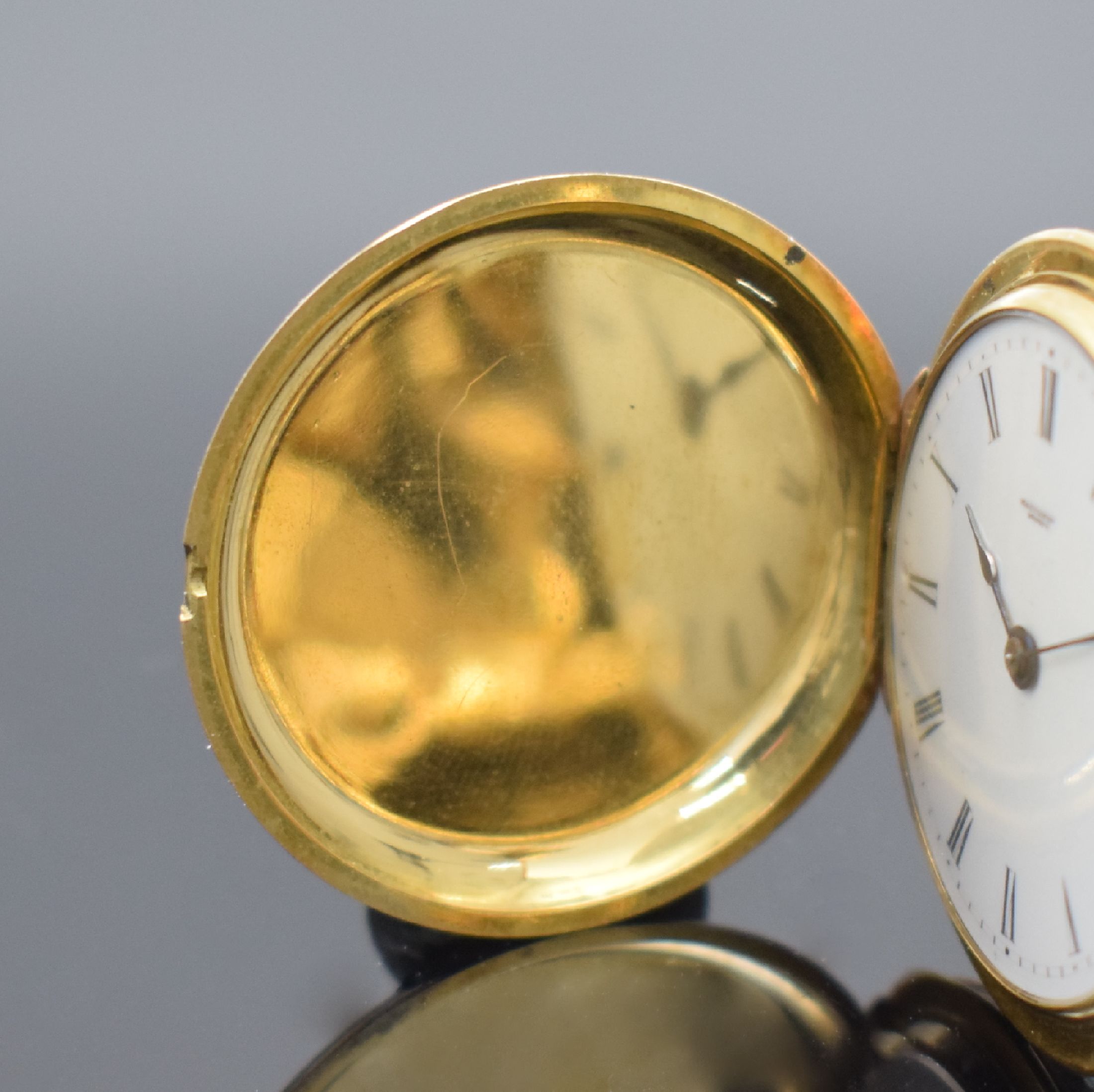 Detail d: MALIGNON A GENEVE No. 2129 feine, emaillierte und mit Edelsteinen besetzte Zylindertaschenuhr an schwerer GG 750/000 Kette, Schweiz um 1850, beide ...