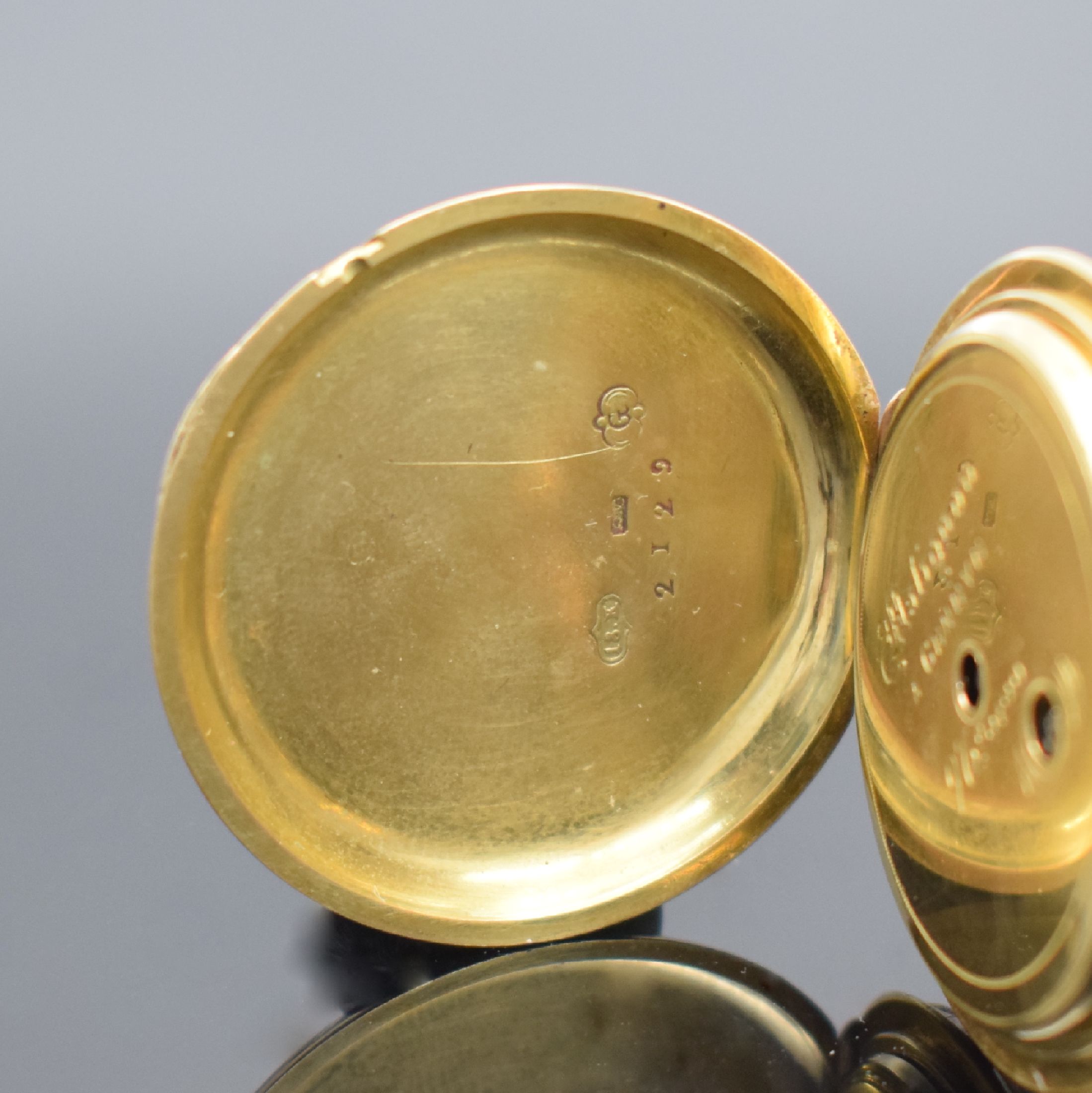 Detail e: MALIGNON A GENEVE No. 2129 feine, emaillierte und mit Edelsteinen besetzte Zylindertaschenuhr an schwerer GG 750/000 Kette, Schweiz um 1850, beide ...