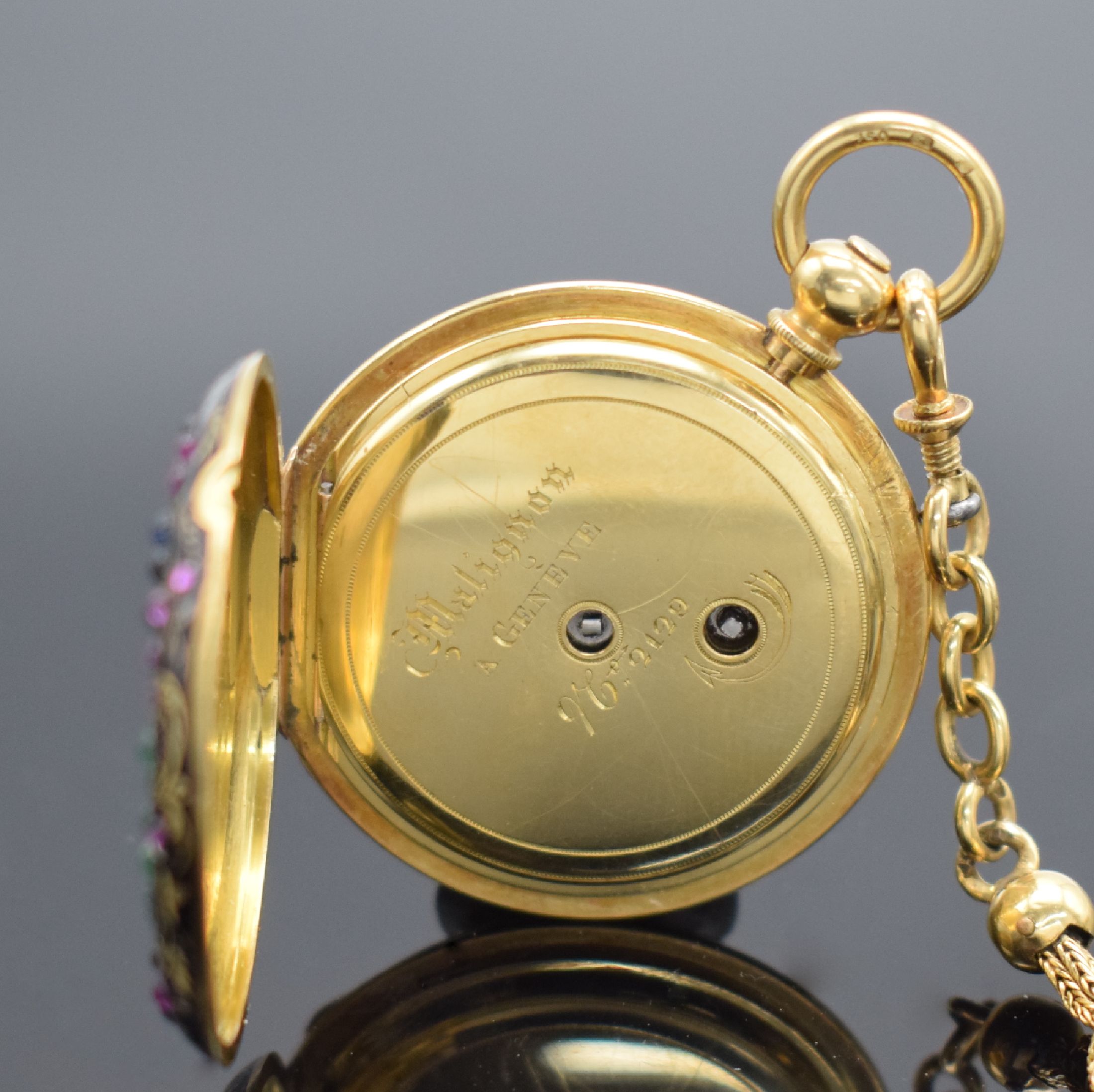 Detail f: MALIGNON A GENEVE No. 2129 feine, emaillierte und mit Edelsteinen besetzte Zylindertaschenuhr an schwerer GG 750/000 Kette, Schweiz um 1850, beide ...