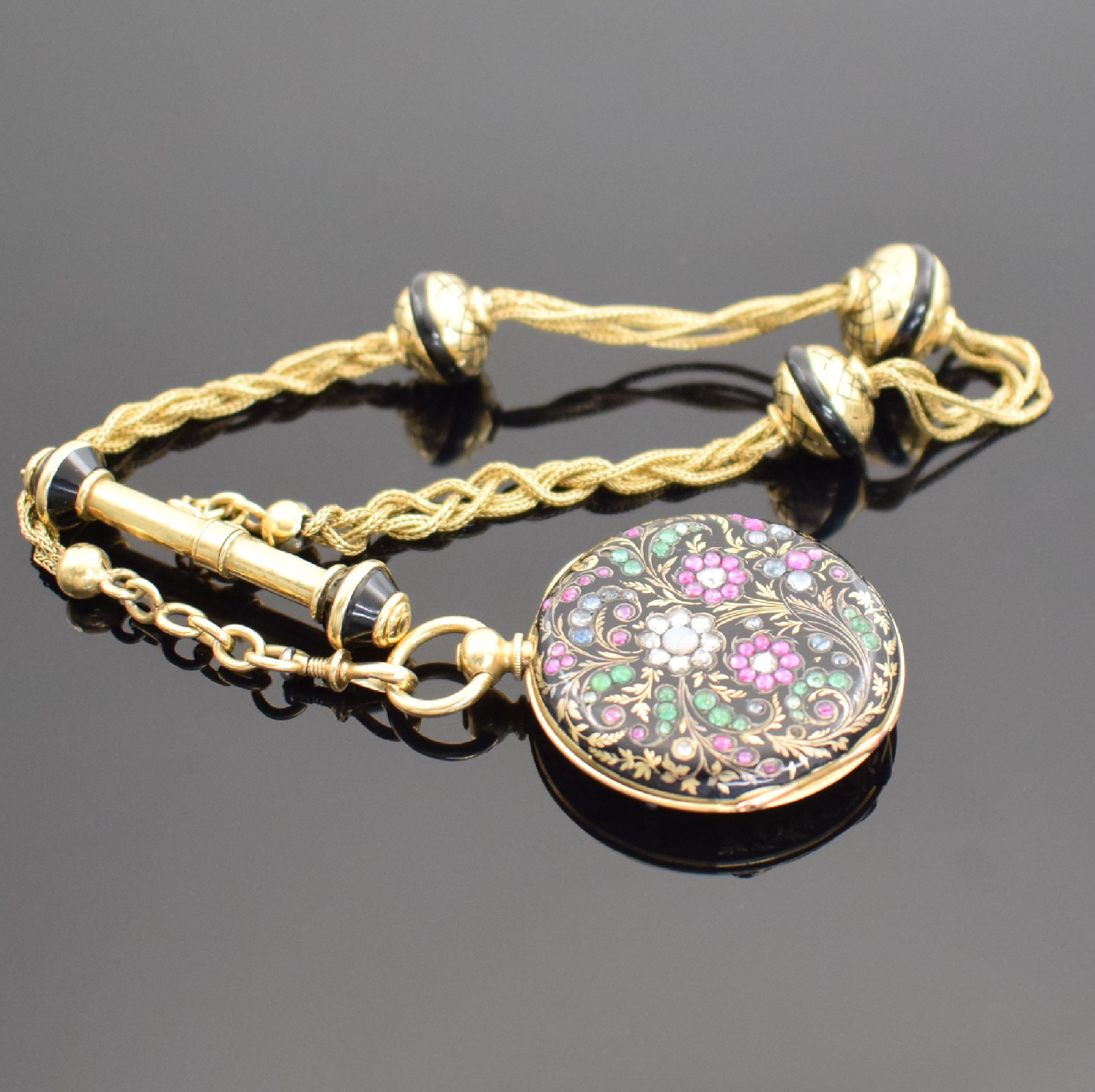 Detail i: MALIGNON A GENEVE No. 2129 feine, emaillierte und mit Edelsteinen besetzte Zylindertaschenuhr an schwerer GG 750/000 Kette, Schweiz um 1850, beide ...