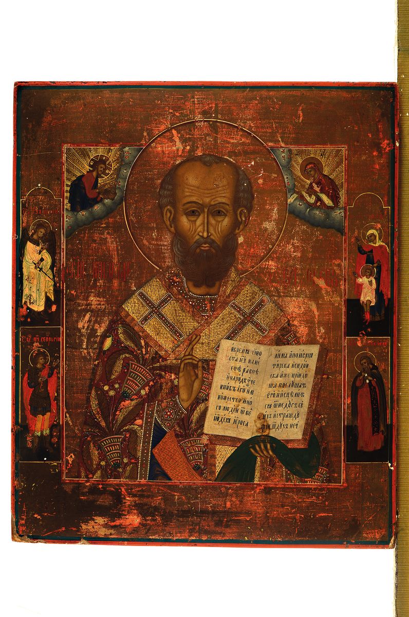 Detail k: Ikone, Russland, um 1900, Hl. Nikolaus, Tempera auf Holz, goldgrundig, vier Randheilige, leichte Oberflächenschäden, ca. 33x27cm