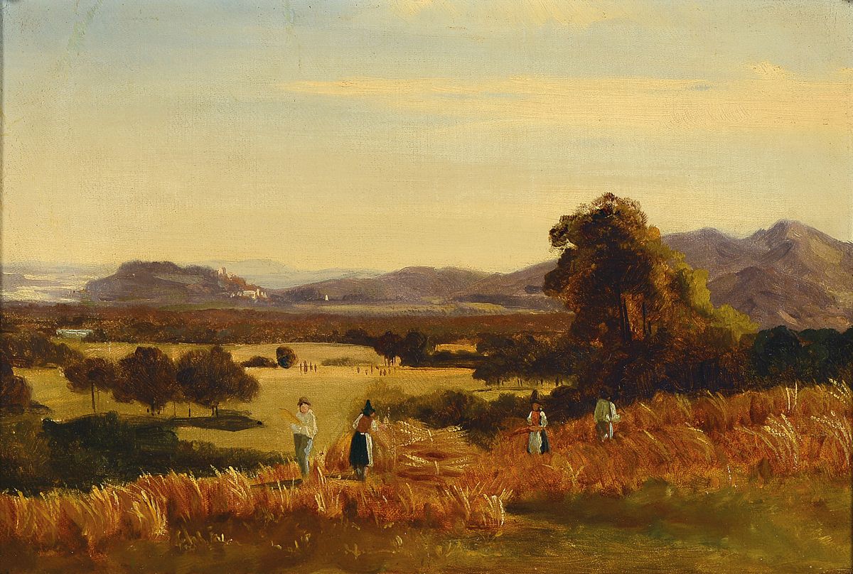 Unbekannter Künstler des 19. Jh., Heuernteszene, Öl/Lwd, rest., doubliert, ca. 23x33cm, R. ca. 36x46cm